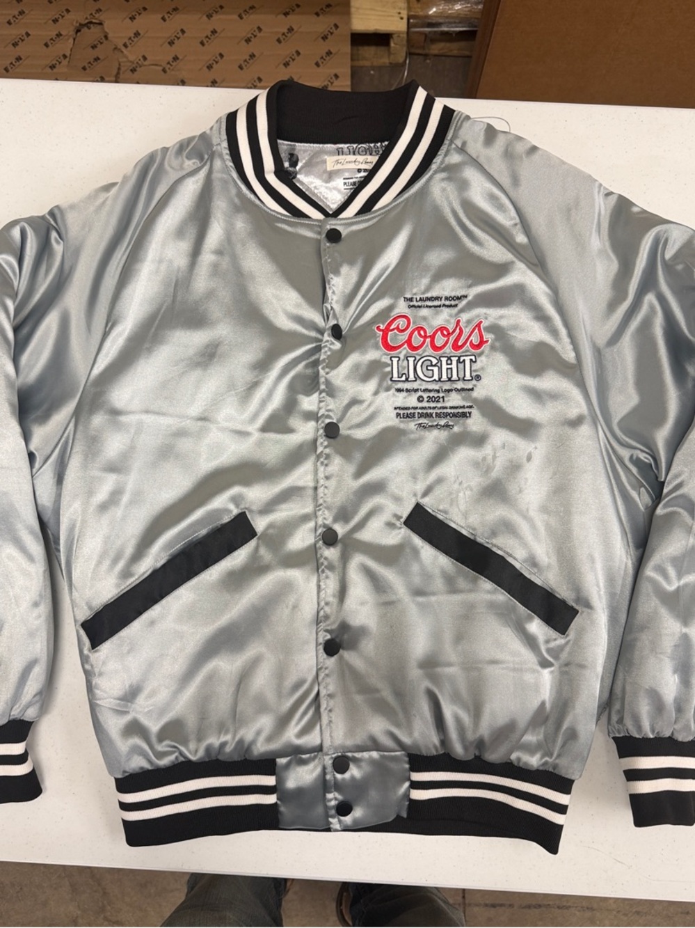 The Laundry Room Coors Light Silver Satin Bomber Jacket with Black Trim